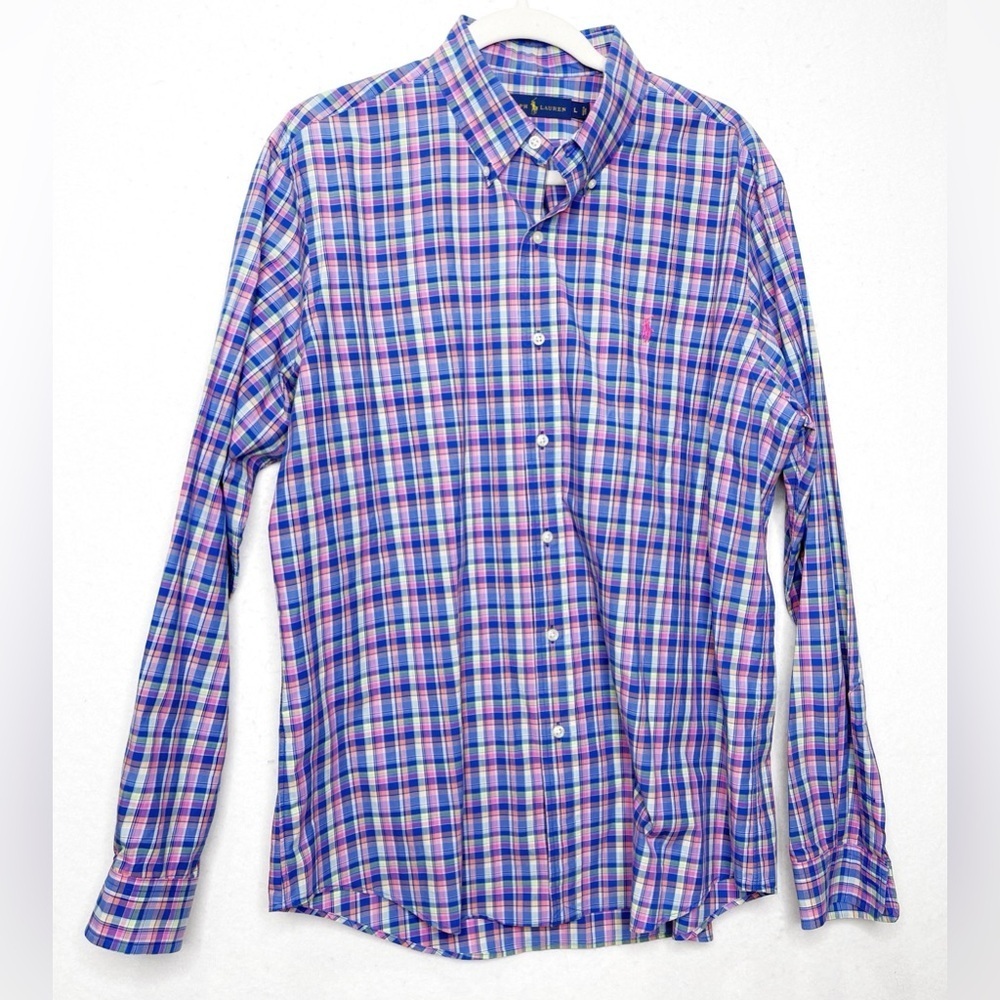 Polo Ralph Lauren Men's Large Button Front Bright Vivid Plaid Shirt Pink